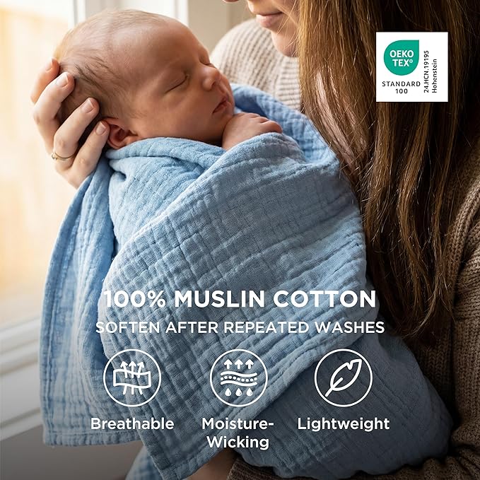 Bedsure 100% Cotton Muslin Blankets for Adults Large Throw 50x70 Inches - 4-Layer Breathable and Lightweight, Soft Boho Gauze Muslin Cotton Blanket for Couch Decor Travel Summer, Blue
