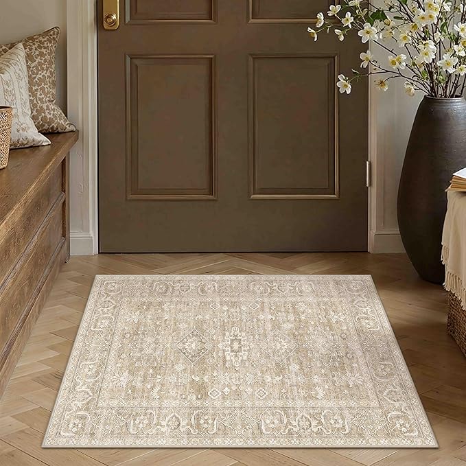 2x3 Washable Area Rug for Entryway Kitchen Vintage Beige Non Slip Low Pile Door Mat Traditional Retro Soft Small Carpet for Bathroom Bedroom Indoor Entrance Dorm