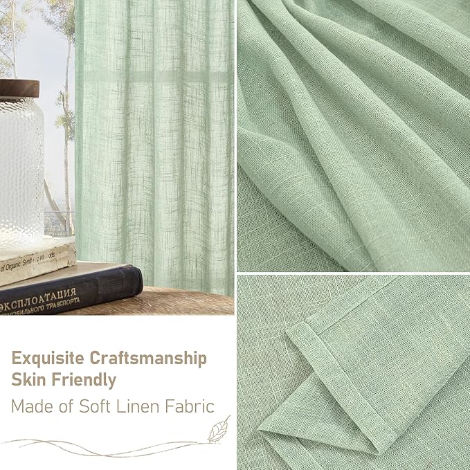 LAMIT 95 Inches Long Fresh Green Linen Curtains for Living Room, Back Tab and Rod Pocket Semi Sheer Curtains Light Filtering Farmhouse Drapes for Bedroom/Dining Room, Set of 2, 52 x 95 Inch
