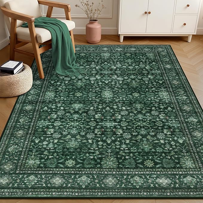 6x9 Area Rugs Living Room Rug: Washable Vintage Distressed Floral Rug No Slip Stain Resistant Soft Carpet Indoor Large Carpets for Bedroom Dining Room Farmhouse Nursery Home Office Deep Green