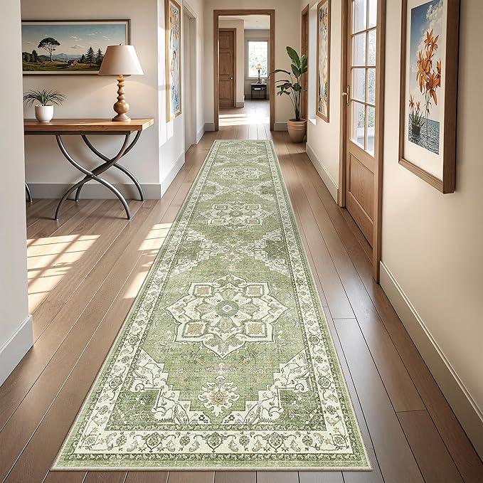 Runner Rug 2x10, Ultra-Thin Kitchen Rugs Non Slip Washable Rugs for Entryway Rug, Kitchen Runner Low Pile Vintage Soft Carpets for Living Room, Bathroom Bedroom (Light Green,2'x10')
