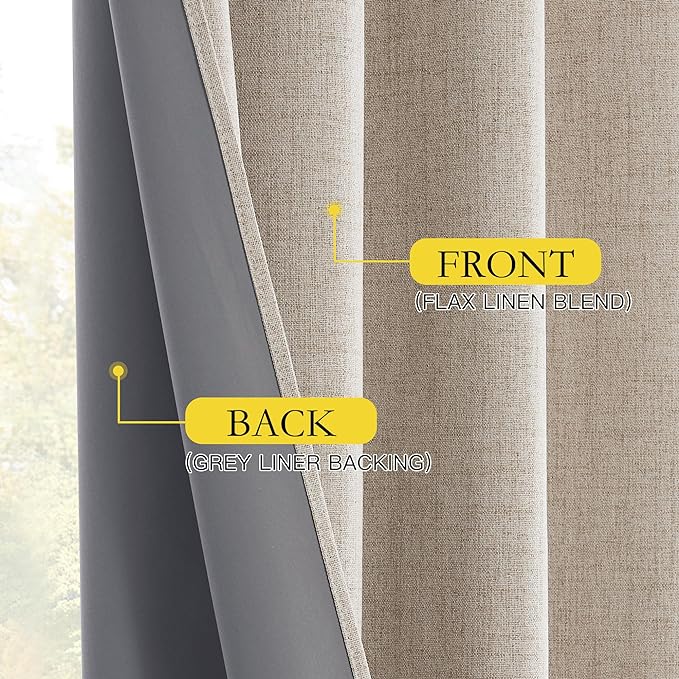 NICETOWN Oatmeal 100% Blackout Short Curtains 63 inches Lenghth Burg for Kitchen, 2 Panels, Burlap Linen Drapes with Thermal Insulated Grey Liner, Keeping Out Cold Air and Heat Panels