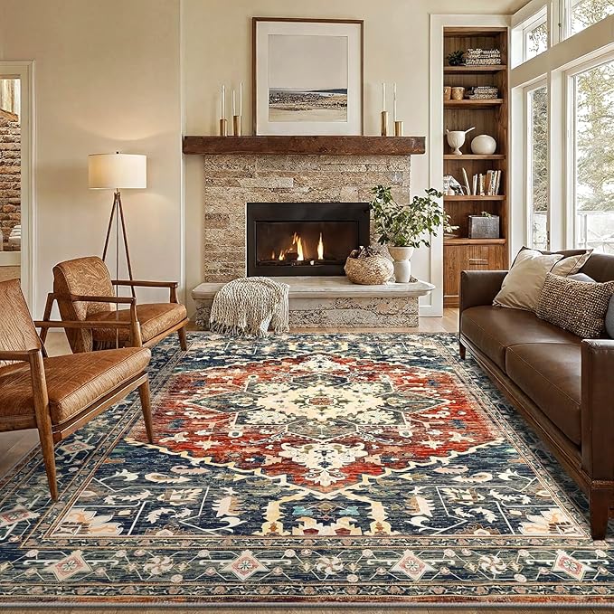 Yamaziot Area Rug 5x7, Non-Slip Washable Boho Vintage Living Room Bedroom Rug with Rubber Backing, Low Pile Faux Wool Soft Distressed Rug Floor Carpet for Living Room, Bedroom, Brick Red