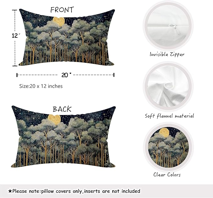 Rustic William Morris Night Forest Green Moon Decor Pillow Covers 12x20,Vintage Botanical Nature Landscape Decorative Throw Pillow Covers for Home Bedroom Living Room