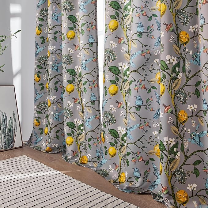 Topfinel Kitchen Curtains 45 Inch Length Gray Vintage Blackout Curtains for Cafe Kitchen, Short Grommet Luxury Whimsical Floral Hummingbird Patterned 45 Inches Long for Living Room Bedroom