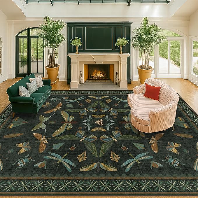 Hazo Haus Forest Green Rugs for Living Room - 9x12 Big Rugs for Bedroom, Dining Room, Guest Room, Insect Moth Décor, Non Slip Low Pile