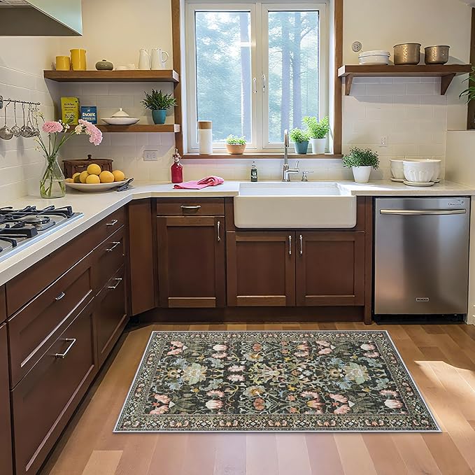 3x5 Living Room Area Rugs: Vintage Washable Non-Slip Rug for Bedroom Dining Room Soft Carpet for Nursery Kitchen Home Office Durable & Easy-Clean Design Perfect for Homes with Cats & Dogs(3x5,Green)