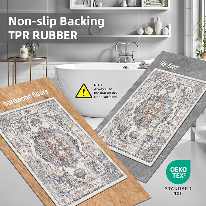 Washable Kitchen Rug Set of 3: Boho Non-slip Soft Stove Sink Mat Light Weight Stain Resistant Carpet for Dog Bowl Area Comfort Tile/Hardwood Floors Protection Mat for Entryway Foyer(2x3+2x4+2x5,Brick)