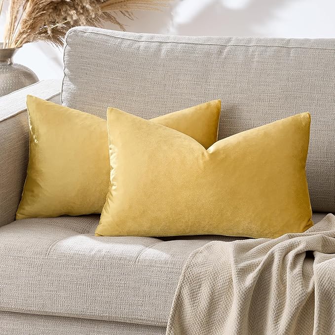 GIGIZAZA Yellow Velvet 20x12 Lumbar Decorative Throw Pillow Covers for Sofa Bed 2 Pack Soft Cushion Cover