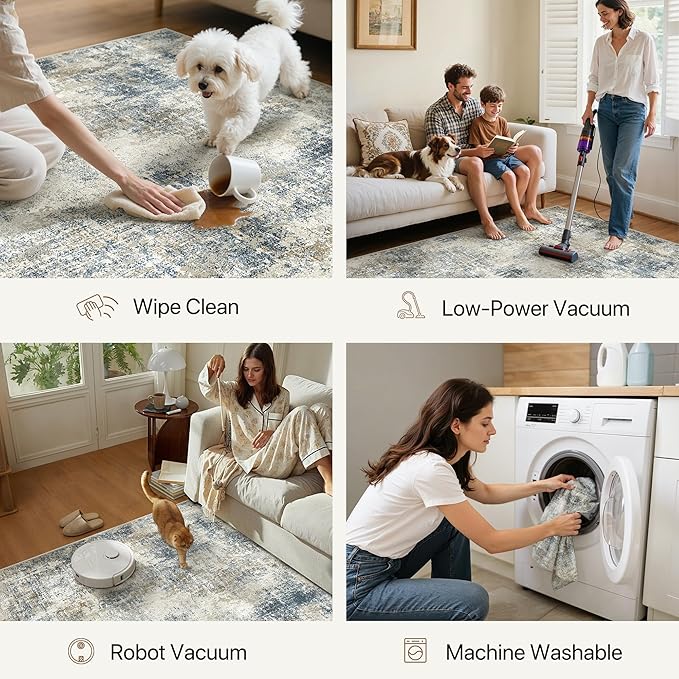 Area Rugs 6x9 for Living Room Bedroom, Modern Abstract Machine Washable Rug, Large Soft Low Pile Floor Carpet with Non Slip Backing for Dining Room, Blue Mist