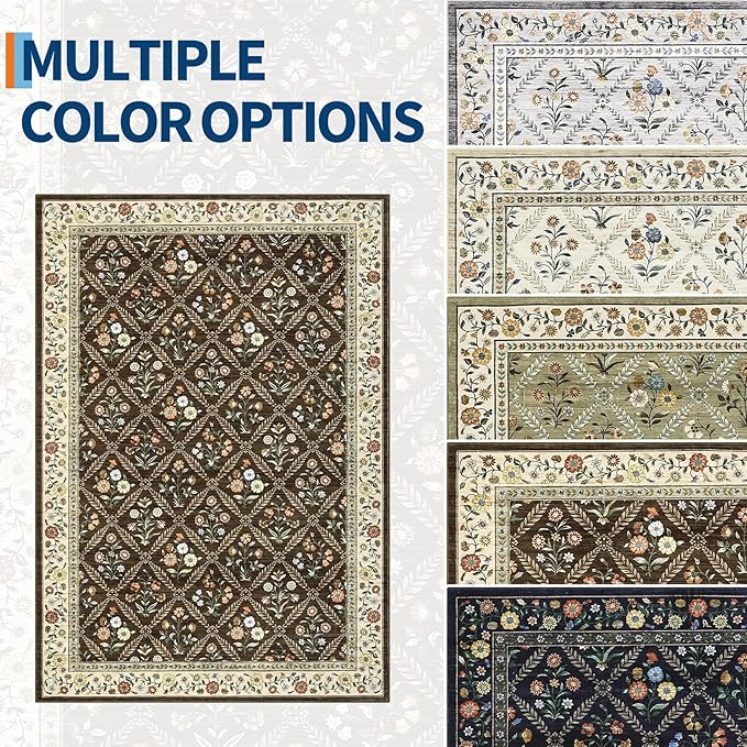 Runner Rug for Hallway Entryway 2.5x8 Farmhouse Floral Non-Slip Machine Washable Kitchen Rug Runner Non-Shedding Low-Pile Soft Long Carpet for Entrance Laundry Room Brown