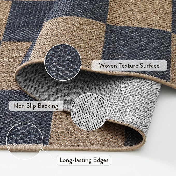Lahome Colette Checkered Easy Jute Indoor Outdoor Carpet, 3x5 Washable Rugs for Entryway Living Room Farmhouse Area Rug, Non Slip Blue Checkerboard Indoor Door Mat for Entry Patio Deck