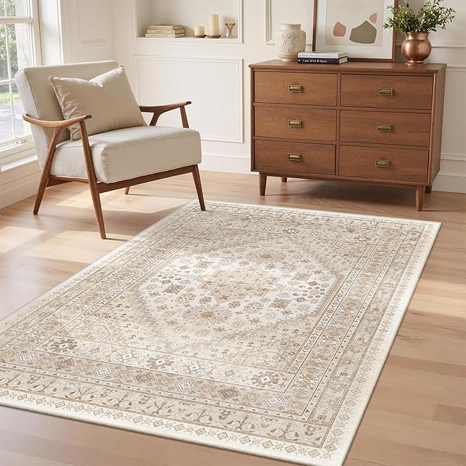 zesthome 4x6 Rug - Stain Resistant Washable Rug, Anti Slip Backing Rugs for Living Room, Foldable Vintage Small Area Rugs (Cream/Beige,4'x6')