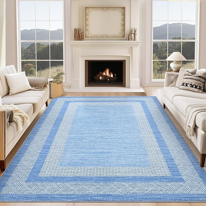 GarveeHome 10x13 Large Washable Geometric Area Rug Non Slip Non Shedding Floor Carpet, Modern Bordered Distressed Light Blue Indoor Printed Rug for Living Room, Bedroom, Office