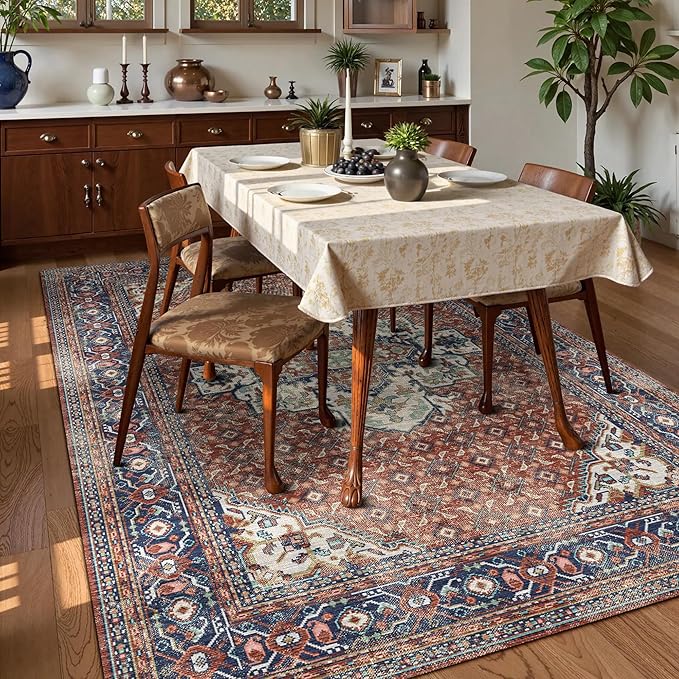 Washable Area Rug 8' x 10' Vintage Traditional Persian Mat - Foldable Distressed Non-Slip Machine Washable Carpet for Living Room Bedroom Kitchen Home Decor - Terracotta and Navy