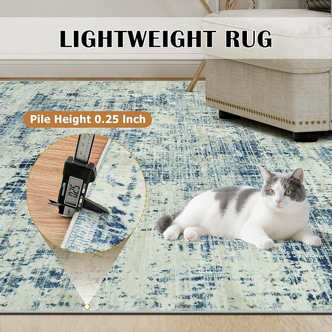 10x14 Area Rugs for Living Room Washable Rug: Anti-Skid Abstract Modern Living Room Rug Soft Thin Carpets Indoor Floor Non-Shedding Carpet for Bedroom Dining Farmhouse Nursery Blue Gray Gold