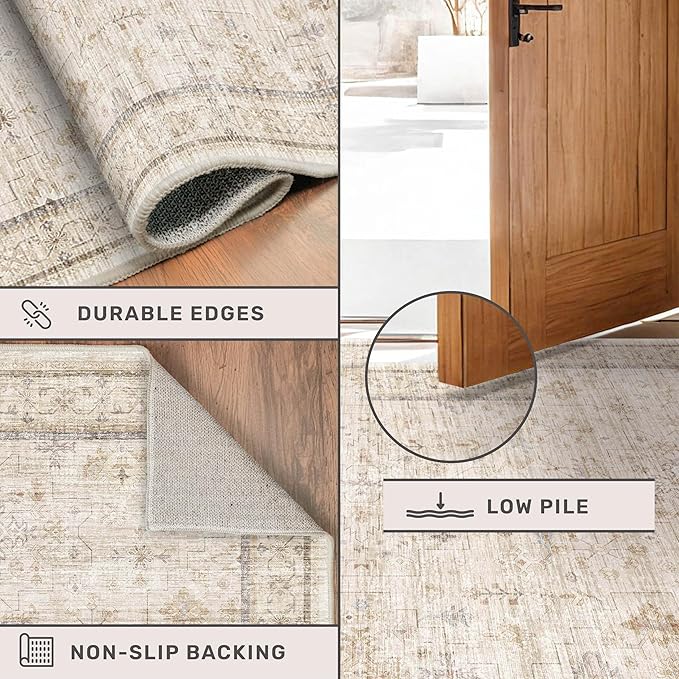 3x8 Non Slip Wide Runner Rug for Hallway Washable, Long Farmhouse Kitchen Rugs, Beige Cream Floral Entryway Mat, Low Pile & Soft Retro Décor Indoor, Non Skid Stain Resistant Carpet