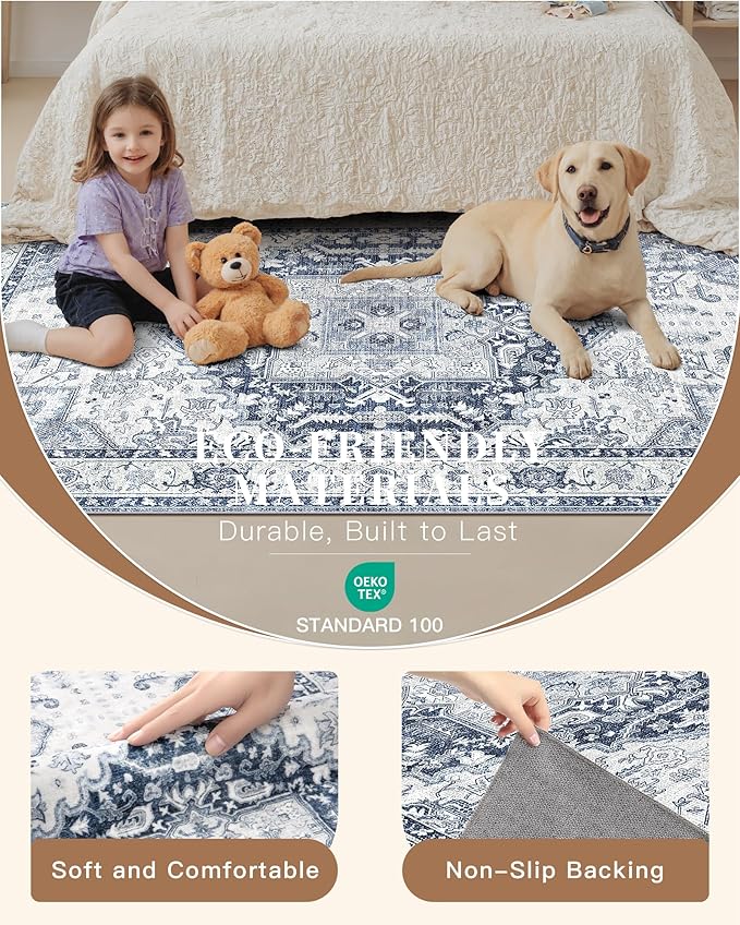 Madane Washable Runner Rug 2x6, Ultra-Thin Non-Slip Non-Shedding Hallway Runner, Stain Resistant Kitchen Mat Entryway Carpet Runner, Vintage Pet Friendly Low Pile Runners (2x6ft, Navy/White)
