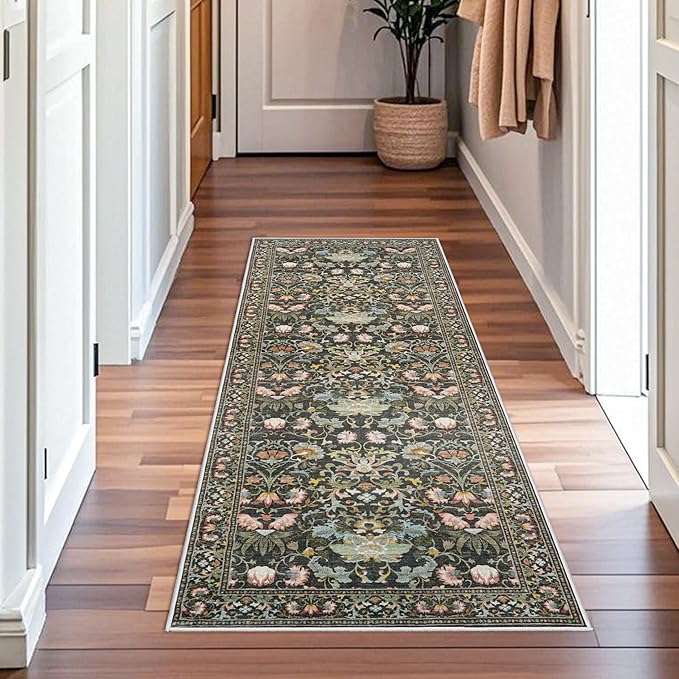 2x6 Washable Hallway Runner Rug: Vintage Floral Kitchen Rugs with Non-Slip Backing Low Pile Water Resistant Carpet for Living Room Bedroom Soft Floor Mat for Bathroom Laudry Dining Room(2x6,Green)