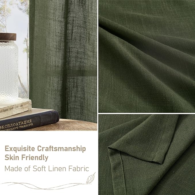 LAMIT Semi Sheer Window Linen Curtains 54 Inch Length, Light Filtering Panels Back Tab and Rod Pocket Christmas Drapes for Bedroom/Living Room, Olive Green, 2 Panels, 34 x 54 Inch