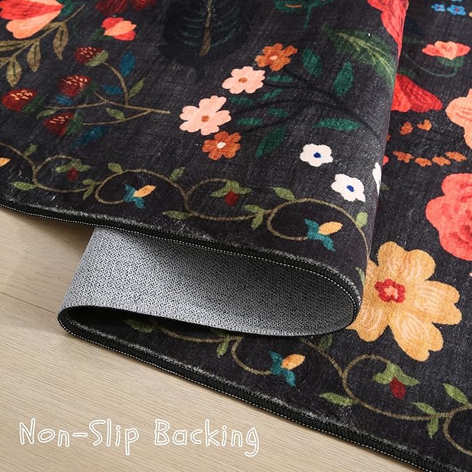 Rugcomf Living Room Rug 6x9 Rug Machine Washable Boho Area Rug Non Slip Floral Vintage Low Pile Large Rug for Living Room, Bedroom, Farmhouse, Dining Room, Kids Playroom(Black)
