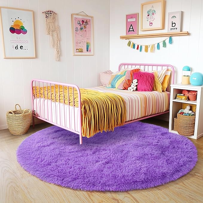 4'x4' Purple Round Rug for Bedroom, Ultra Soft Fluffy Circle Rug for Kids Girls Boys Room, Cute Shag Rugs for Living Room Playroom Teen Room Home Decor Rug