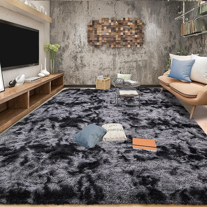 Tepook Soft Fluffy Rugs for Living Room, 5x7 Shaggy Area Rug for Bedroom, Modern Shag Rug Fuzzy Carpets for Kids, Plush Indoor Nursery Home Decor Rug with Non-Slip Bottom, Tie-dye Dark Grey