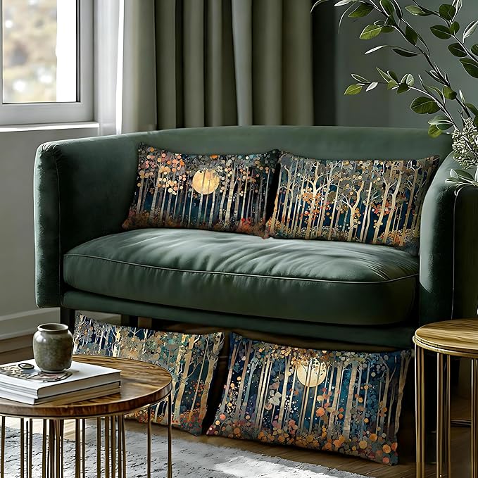 Rustic William Morris Inspired Forest Moon Decor Pillow Covers 12x20 Set of 4,Vintage Botanical Nature Landscape Decorative Throw Pillow Covers for Home Bedroom Living Room,Fall Home Room Decor