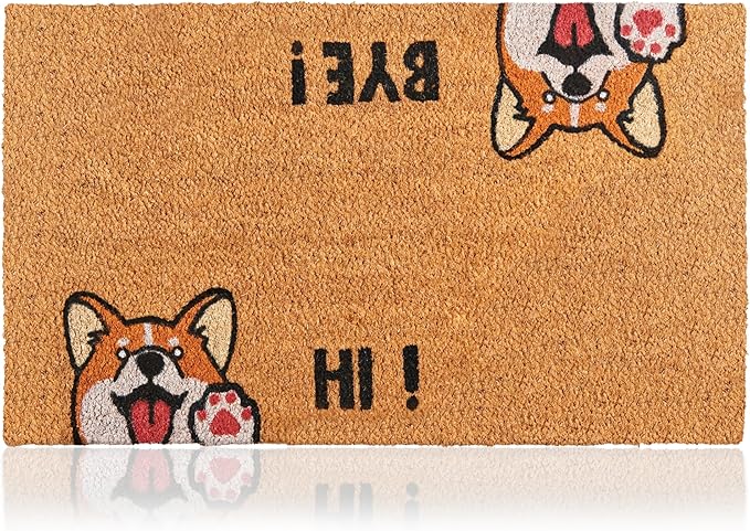 Hi-Bye Dog - 24"x36" - Coir Door Mat with Heavy Duty Backing - Welcome Mats for Entryway, Porch - Anti-Slip PVC & Coconut Fiber Surface - Natural Home Accessories, Minimalist Original Design