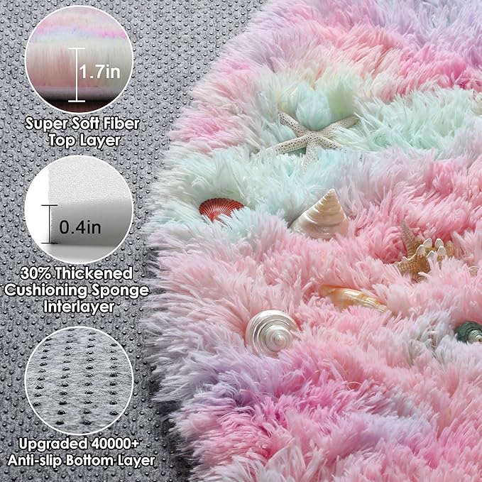 ONASAR Rainbow Round Area Rugs 5ft, Soft Bedroom Circle Rug Mats for Kids Girls Teen Room, Kawaii Fluffy Plush Shaggy Carpet for Dorm Nursery Living Room Playroom Home Decor Princess Castle