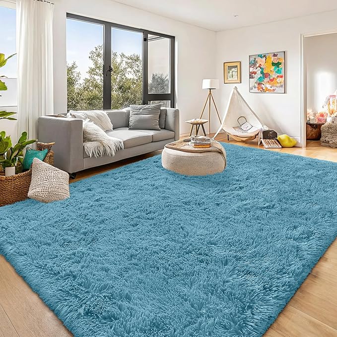 OLANLY 9x12 Machine Washable Large Area Rugs for Living Room, Bedroom, Soft Fluffy Shaggy Bedside Rug, Indoor Floor Carpet for Kids Girls and Boys, Dorms, Nursery, Home Decor Aesthetic, Slate Blue