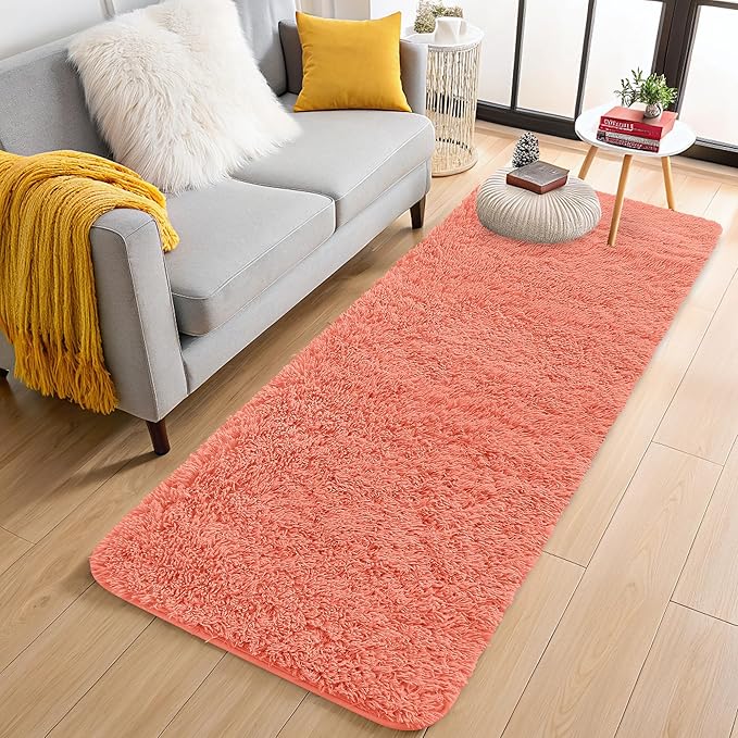 OLANLY 2x5 Machine Washable Runner Rugs for Hallway, Soft Fluffy Shaggy Bedside Rugs for Bedroom, Living Room, Indoor Floor Carpet for Kids Girls and Boys, Home Decor Aesthetic, Coral Red