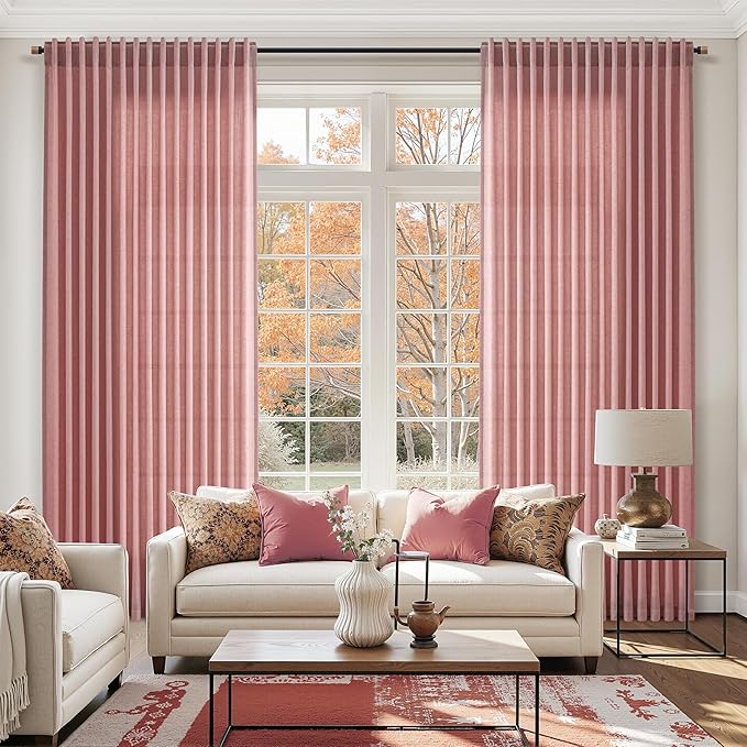 Canyon Rose Linen 144 Inch Curtains for Living Room Light Filtering Semi Sheer Curtain Back Tab Modern Farmhouse Decor Elegant Girl Drapes Floor to Ceiling High Window for Bedroom 52x144, 2 Panels