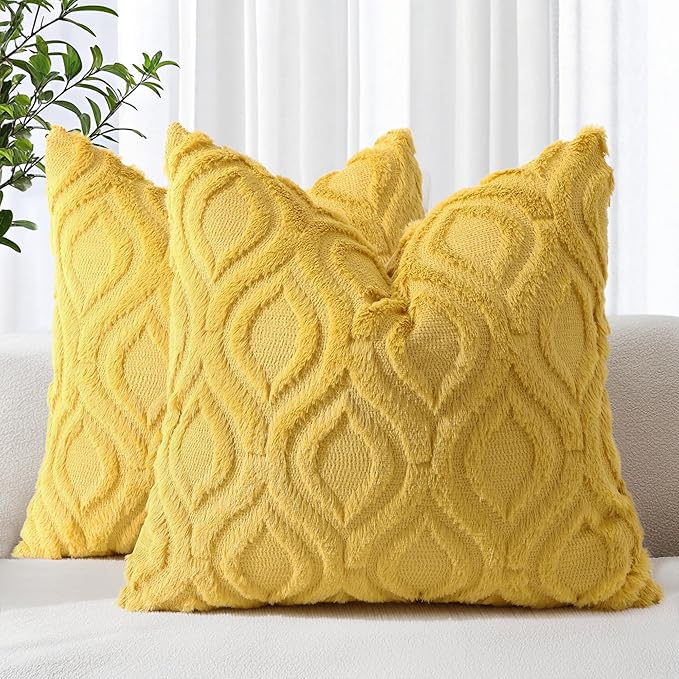 decorUhome Summer Throw Pillow Covers 20x20 Inch Set of 2, Soft Plush Faux Wool Mustard Yellow Solid Couch Pillow Covers, Accent Farmhouse Neutral Square Pillow Cases for Sofa Bed Living Room