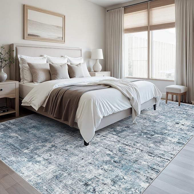 Soalmost Area Rug 10x12 Vintage Washable Living Room Large Carpet Non Slip Bedroom Indoor Office Dining Room Low Pile Thin Rug Blue/Grey