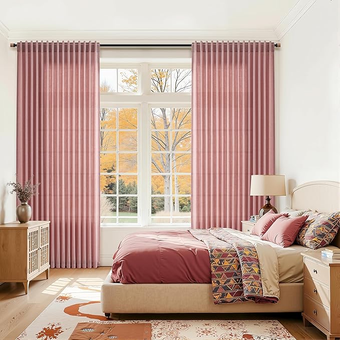 Canyon Rose Linen Curtains for Living Room 98 Inches Long Light Filtering Semi Sheer Curtain Back Tab Modern Farmhouse Decor Elegant Luxury Boho Girl Drapes for Bedroom Dinner Room 52x98, 2 Panels