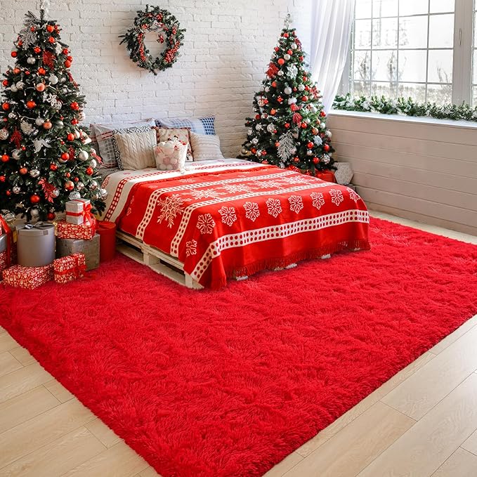 Chicrug Soft Area Rug for Bedroom Living Room Plush Fluffy Rug 8x10 Feet, Shag Furry Area Rug Carpet Non Shedding for Nursery Children Kids Girls Room Home Decorative, Red