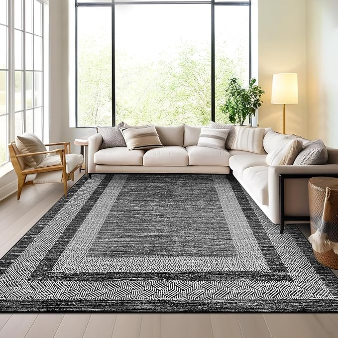 GarveeHome Extra Large Area Rug 10x13 Modern Geometric Rug with Non Slip Rubber Backing, Thin Washable Foldable Carpets, Soft Low Pile Non Shedding Printed Floor Mats for Hotel Office, Black