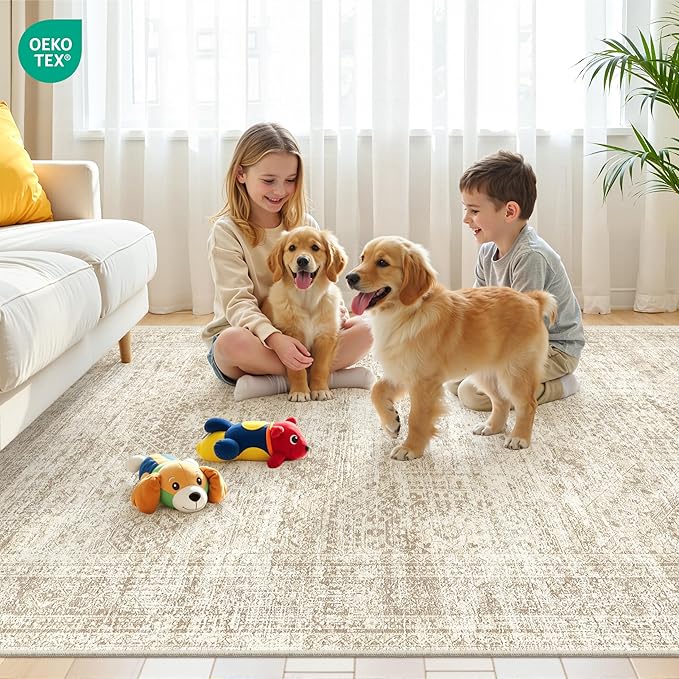 3x5 Washable Area Rug for Entryway, Soft Kitchen Rugs Non Slip for Dining Room, Vintage Abstract Living Room Rug, Thin Area Rugs Indoor for Bedroom, Kids Room Decor(3'x5', Beige/Ivory)