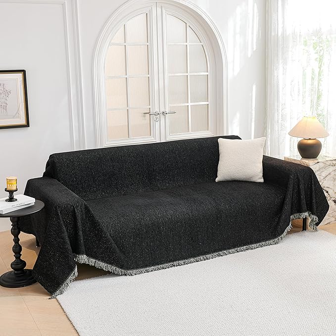 MYSKY HOME Couch Cover for Dogs Washable Couch Covers Couch Covers for Sofa Couch Cover 2 Cushion Sofa Non Slip Dogs Furniture Protector with Tassels Chenille Sofa Covers for Pets, 71"x102", Black
