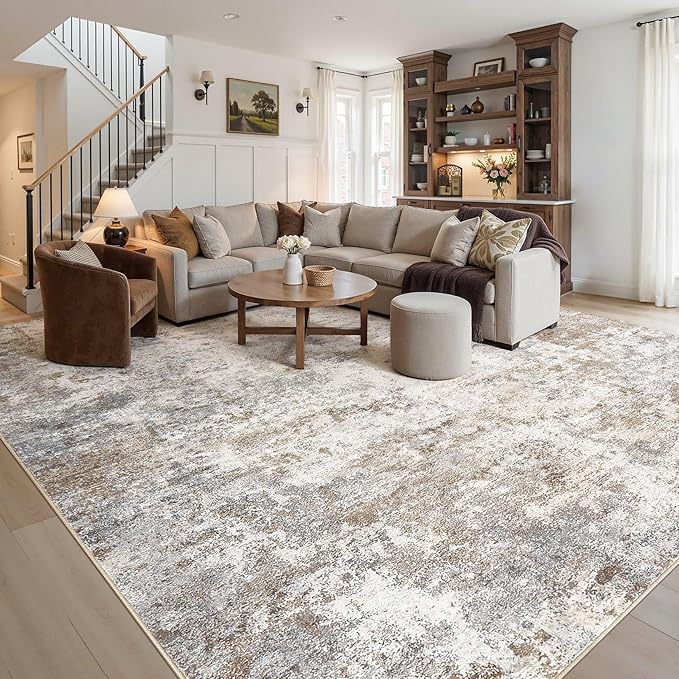 UERMEI 12x14 Area Rug Living Room Rugs - Washable Neutral Modern Abstract Soft Thin Large Rug Indoor Floor No Slip Rug Carpet for Bedroom Under Dining Table Home Office Decor - Brown Grey