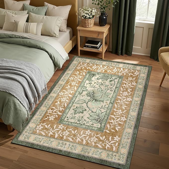 GarveeHome Terracotta Olive Sage Green Washable 6x9 Area Rugs, Botanical Grove Vintage Cottagecore Non-Slip Rug for Living Room Bedroom Nursery Kitchen Low-Pile Retro Large Carpet