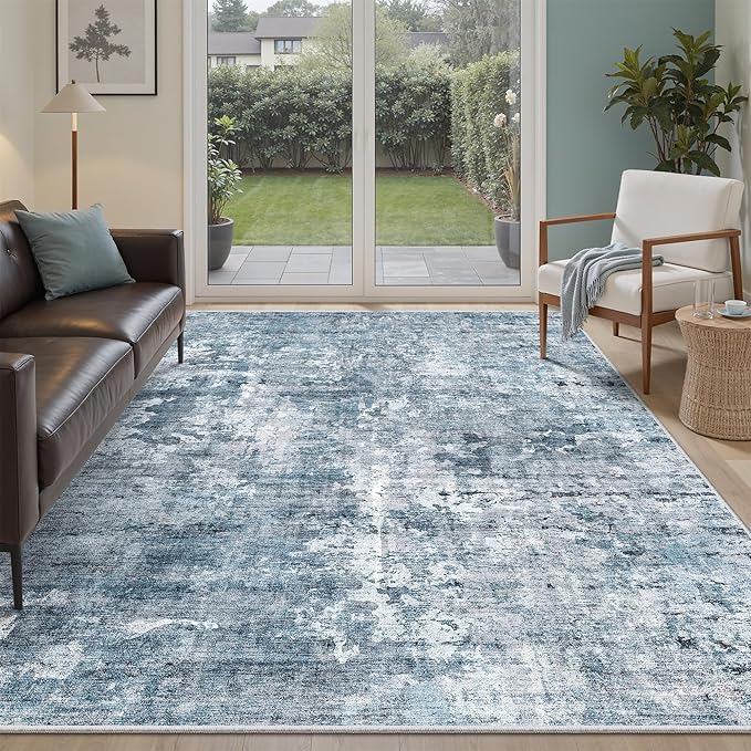 5x8 Area Rugs Blue/Grey Low Pile Indoor Washable Trendy Faded Style Rugs for Bedroom Living Room Dining Room Foldable Non-Slip Thin Print Home Office Mat
