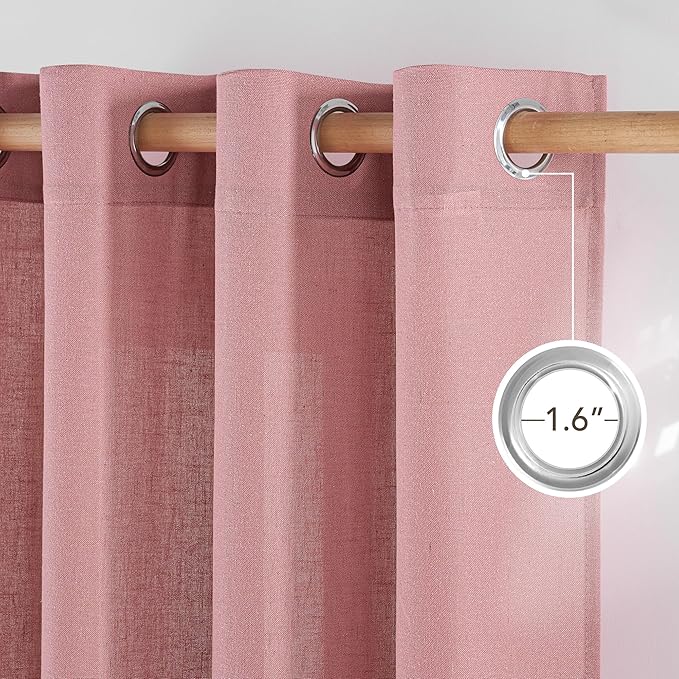 NICETOWN Linen Pink Curtains for Girls Room, Grommet Thick Flax Semi Sheer Window Treatments Privacy Assured with Light Filtering for Bedroom/Kids Room, 2 Panels, W55 x L84
