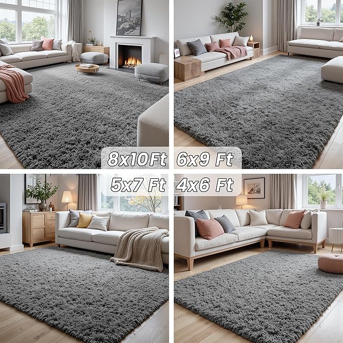8x10 Area Rugs for Living Room Rug: Soft Fluffy Shag Light Gray Rugs for Bedroom, Non-Slip Large Fuzzy Plush Rug Indoor Floor Carpet for Nursery Kids Boys Girl Room, Dorms, Playroom, Modern Home Decor
