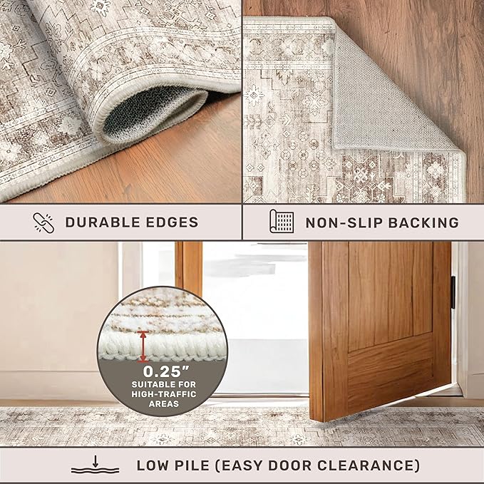 Washable Farmhouse Living Room Rug, 8x10 Area Rugs for Bedroom, Dining Room Under Table Carpet, Kids Room, Large Boho Vintage Non-Slip Floral Rugs Low Pile Stain Resistant (8x10 Beige/Latte)