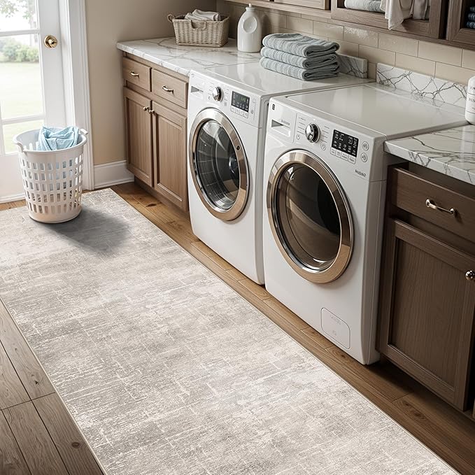 Abstract 2x10 Kitchen Rug Runners - Washable 10ft Hardwood Sink Rugs Non-Slip Hallway Entryway Area Rug Soft Floor Mat Indoor Farmhouse Carpet for Bathroom Living Room Bedroom (2 X 10,Beige/Cream)