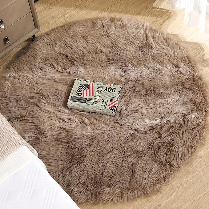 ORINOVA Beige Round Cozy 4ft Shag Rug Washable Furry Soft Area Rug for Living Room Bedroom Cute Nursery Decor Circle Carpet Faux Fur Fluffy Home Décor