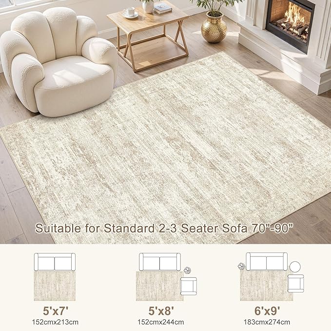 UERMEI 5x7 Area Rug Living Room Rugs - Washable Neutral Modern Abstract Soft Thin Rug Indoor Floor No Slip Rug Carpet for Bedroom Under Dining Table Home Office Decor - Beige/Brown
