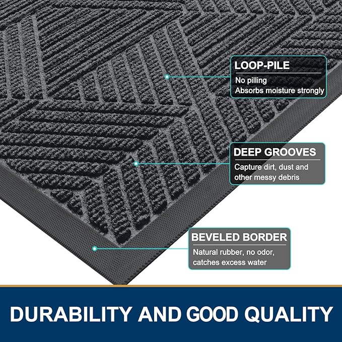 Smiry Front Door Mat Outside Entrance, Heavy Duty Sturdy Natural Rubber Doormat, Trap Dirt and Moisture, Easy Clean Low Profile Mats for Indoor Outdoor Entry, Irregular Triangle (29.5x17, Silver Grey)